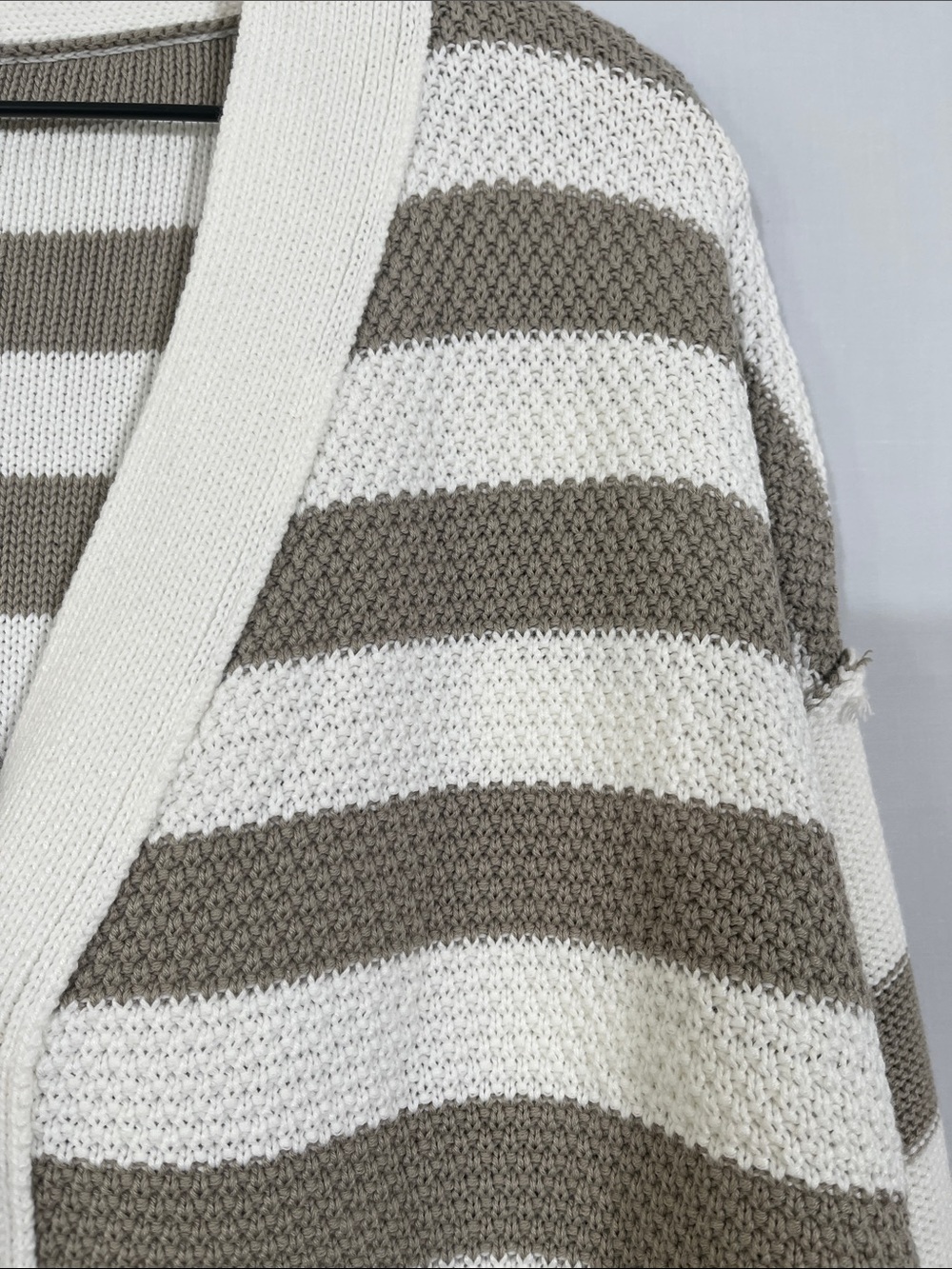 Striped V-Neck Button-Front Cardigan in Cream and Taupe - Picture 5 of 11
